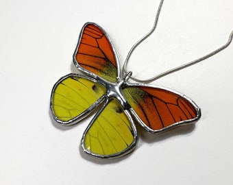 Whimsical yellow orange butterfly pendant, real butterfly wing, gifts for her, handcrafted glass insect necklace, recycled pendant