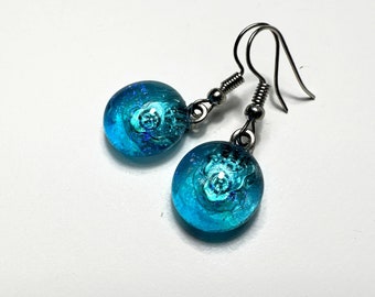 Iridescent blue dangle earrings, fused dichroic glass jewelry, round statement earrings, gifts for mom, hypoallergenic, unique presents