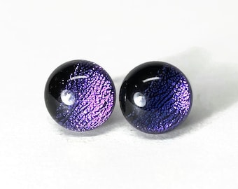 Dichroic Fused Glass Stud Earrings, Iridescent Purple, Surgical Steel