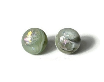 Handcrafted Marbled Green Stud Earrings, Dichroic Fused Glass Jewelry For Mom, Round Dainty Minimalist Studs, Gifts for Her