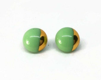 Handmade Metallic Gold Green Stud Earrings - Elegant Gifts for Her, Artisan Fused Glass Jewelry