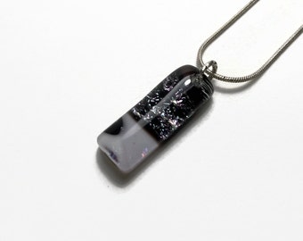 Iridescent fused Glass black and white necklace, Dichroic glass jewelry, Rectangle pendant, chain included