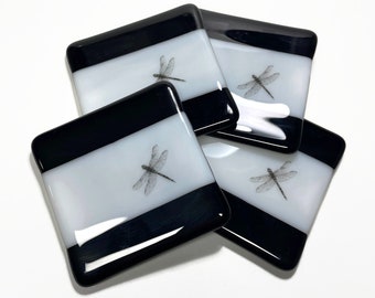 Whimsical Black Dragonfly Coasters, Set of 4 for Mom, Fused Glass Drink Rests