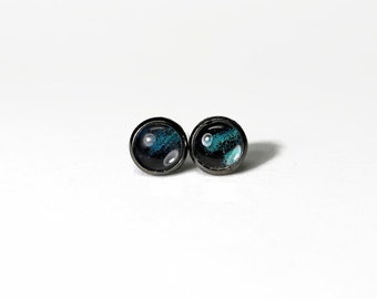 Earrings teal and black butterfly jewelry, glass studs, recycled butterfly earrings, gun metal studs, real butterfly wing