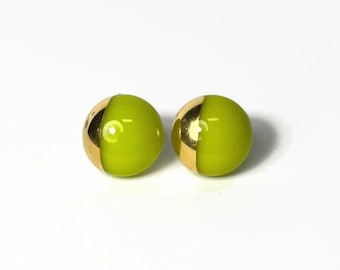 Green gold earrings fused glass jewelry best friend gifts minimalist round studs geometric earrings hypoallergenic