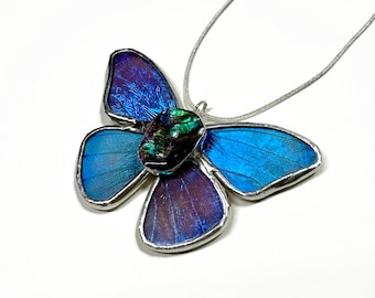 Handcrafted Butterfly Ammolite Pendant, Real Wing Jewelry, Nature Inspired Gifts for Her, Stained Glass Necklace, Blue Morpho