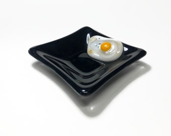 Egg fused glass plate, black, white dish, unique gifts for him, trinket tray, kitchen decor, serving dish, glass art, housewarming presents