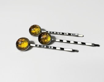 Amber Barrettes fused glass jewelry hair clips dichroic glass bobby pins bridal hair jewelry gifts for her set of 3 unique presents