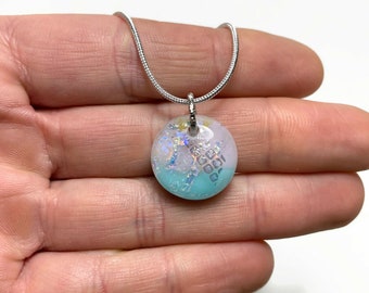 Glass blue and pink pendant fused glass jewelry, Dichroic necklace, gifts for girlfriend, chain included