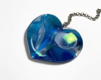 Blue heart sun catcher, fused glass window hanging ornament, unique gifts for girlfriend, handmade in Canada, glass art