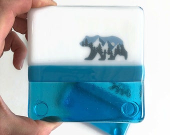 Blue and white fused Glass bear drink coasters, unique gifts for mom, bear home decor, glass sculpture, blue bear, set of 4