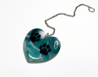 Paw print sun catcher, teal white window hanging, fused glass heart, window decor ornament, unique gifts, housewarming presents