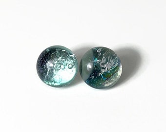 Green Iridescent Dichroic Glass Stud Earrings, Handmade Fused Jewelry For Her