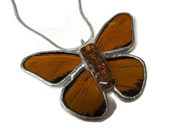 Handcrafted Butterfly Ammolite Pendant, Real butterfly Jewelry, Nature Inspired Gifts for Her, Stained Glass Necklace