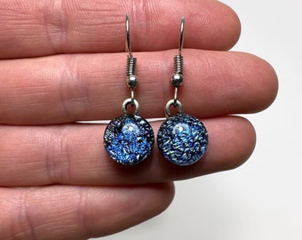 Handmade Iridescent blue dangle earrings. fused dichroic glass jewelry, unique friends gifts, hypoallergenic drop earrings