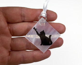 Glass cat ornament, fused glass decoration, unique gifts for her, cat home decor, cat tree ornament, window ornament