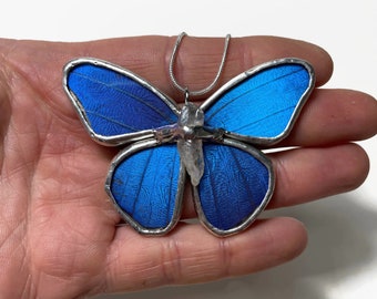 Handmade Butterfly Pendant, Real Blue Morpho Pendant For Her, One-of-a-Kind Crystal Jewelry