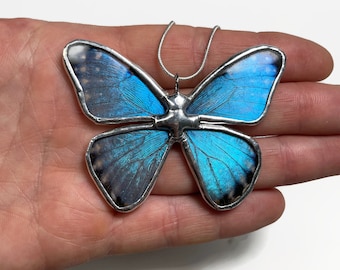 Blue morpho pendant, blue necklace, Butterfly wing jewelry, stained glass butterfly, butterfly taxidermy, recycled butterfly jewelry