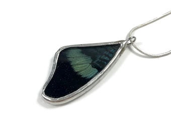 Teal and black butterfly necklace, glass pendant, real butterfly wing, stained glass wing