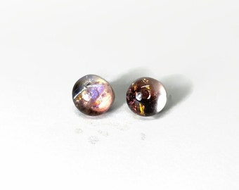 Burgundy round fused earrings, dichroic glass jewelry, Iridescent round minimalist studs, gifts for her, hypoallergenic, 9mm