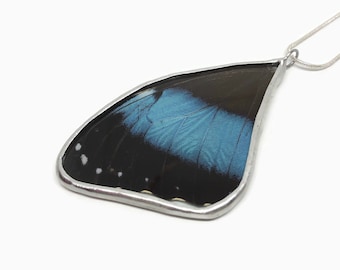 Blue stained glass wing pendant, real butterfly jewelry, presents for mom, blue Morpho butterfly, unique gifts, chain included