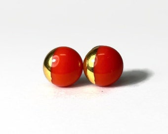 Red metallic gold stud earrings, fused glass jewelry for her, minimalist round geometric earrings