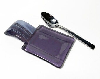 Fused glass purple spoon rest, utensil dish spoon holder, unique kitchen gifts for her