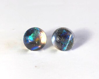 Iridescent fused glass earrings, Dichroic glass jewelry, round earrings, unique gifts for mom