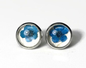 White earrings, blue flower studs, butterfly wing jewelry, unique gifts for mom, hypoallergenic, 12mm