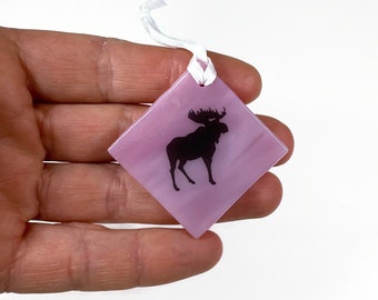 Pink moose ornament, fused glass tree hanging unique gifts for her, moose home decor, Christmas tree decoration