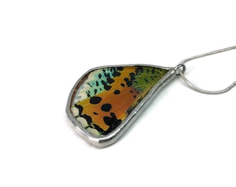 Nature Inspired Multicoloured Wing Pendant, Handmade Butterfly Jewelry, Sunset Moth, Unique Gifts for Her, Chain Included