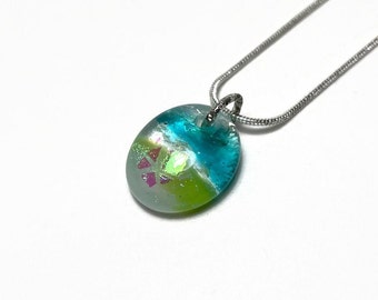 Handmade reflective blue green necklace, fused dichroic glass jewelry, gifts for mom, chain included