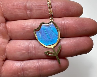 Iridescent blue pendant, flower resin pendant, real butterfly wing jewelry, morpho aurora, unique gifts, chain included