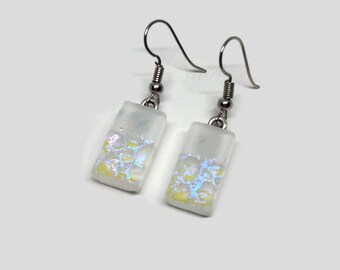 Glass earrings, Fused glass jewelry, iridescent earrings, white earrings, dangle earrings, dichroic glass earrings, hypoallergenic, sparkle