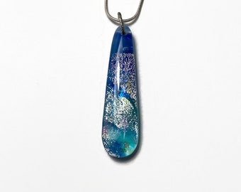 Blue dichroic glass pendant fused jewelry, unique gifts for her, handmade iridescent necklace, teardrop, chain included