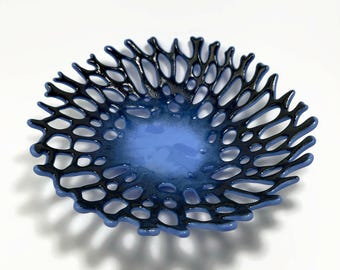 Blue bowl fused glass coral bowl gifts for her, glass dish, serving bowl, glass sculpture, textured dish