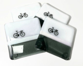 Road bike coasters, fused glass drink rest, best friend gifts, bike home decor, bike enthusiast gifts, set of 4, housewarming presents