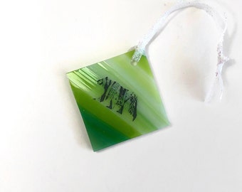 Bear green glass tree ornament, fused glass decoration, Christmas tree hanging, window art, gifts for friends, unique presents