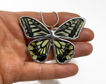 Cream and black pendant, real butterfly wing jewelry, glass pendant, unique gifts for her, necklace included