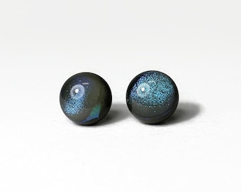 Dichroic glass grey earrings fused glass jewelry, iridescent round minimalist earrings, hypoallergenic, 9mm