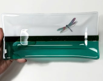 Dragonfly fused glass serving dish, green plate, spoon rest, trinket tray, jewelry dish, gifts for her, nature housewarming presents