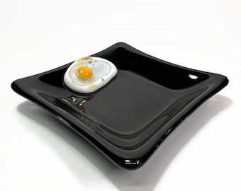 Egg fused glass plate, black and white serving dish, unique gifts for him, kitchen decor, glass art