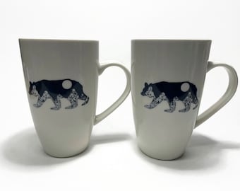 Black bear mug, mountain coffee cup, bear tea mug, bear home decor, wilderness enthusiast, bear art, set of two