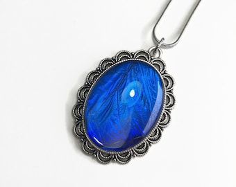 Blue Necklace, iridescent, butterfly jewelry, Blue Morpho butterfly, real butterfly wing, glass pendant, necklace included