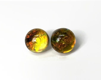 Amber minimalist earrings fused glass jewelry dichroic glass round studs, hypoallergenic, 10mm, unique gifts for her