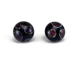 Polka dot dichroic glass stud earrings fused jewelry, minimalist round earrings, hypoallergenic, 10mm, gifts for her