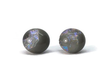 Iridescent dichroic glass earrings, fused jewelry, grey round minimalist studs, unique gifts for her, hypoallergenic 8mm presents