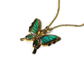 Iridescent green pendant real butterfly wing jewelry unique gifts for her resin pendant necklace included