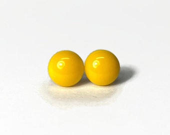 Yellow round stud earrings fused glass jewelry dichroic glass studs minimalist studs hypoallergenic best friend gifts