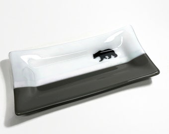 Black bear fused Glass plate, serving dish, trinket tray, housewarming presents, bear kitchen decor, unique gifts for dad